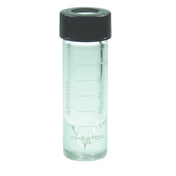 WHEATON 新一代小瓶 5.0 mL 无色透明 带刻度 顶端开口 黑色酚醛树脂旋盖 带PTFE表面的硅树脂盖垫 12 个/盒